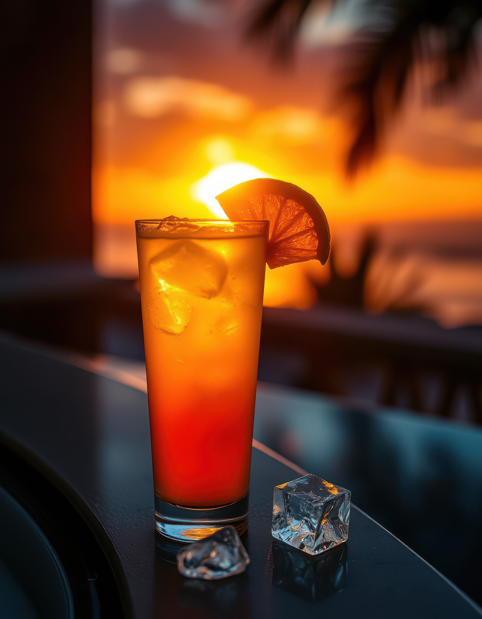 Colorful cocktail sits on a table as the sun sets over the horizon, casting warm orange and yellow hues across the sky